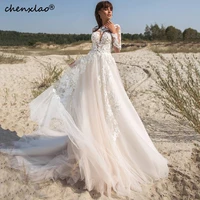 chenxiao a line wedding dresses bohemia o neck long sleeves back pearls lace ivory white appliques bridal gowns vestido de novia