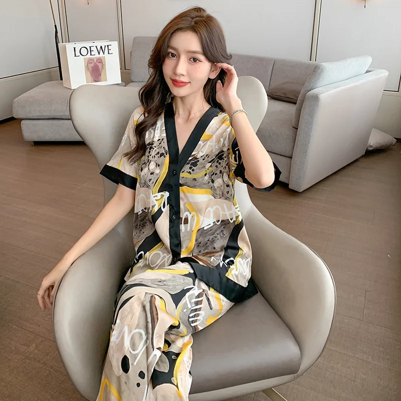 Women's Pajamas Set V Neck Design Luxury Cross Letter Print Sleepwear Silk Like Home Clothes XXL Large Size Nightwear
