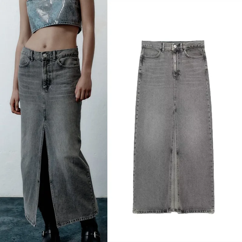 

TRAF 2023 Womens Long Denim Skirt Casual Five Pockets Mid Waist Skirt Female Fashion Front Slit Hem Straight Skirts Streetwear
