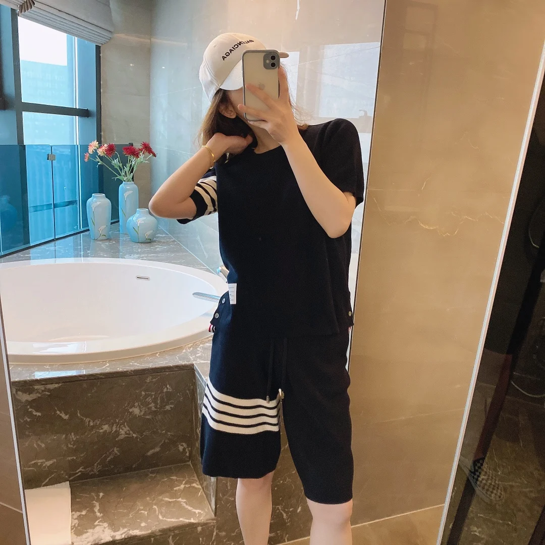 Four-bar suit short-sleeved knitted sweater shorts shorts five-point pants men and women TB waffle sports suit spring and autumn
