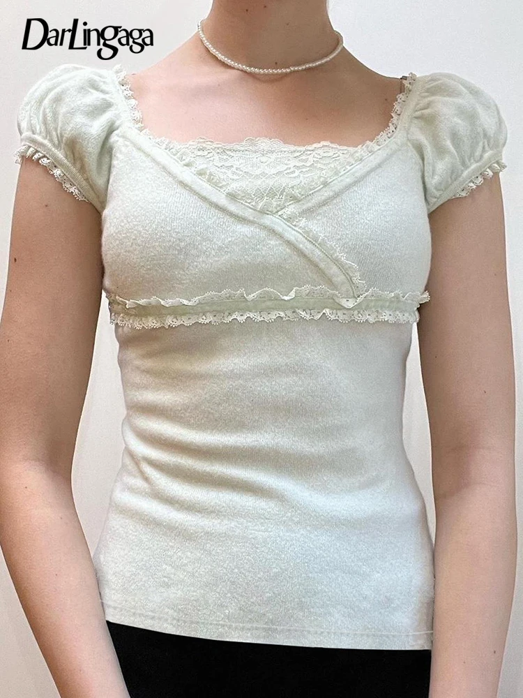 

Darlingaga Y2K Chic Kawaii Lace Patched Female T-shirts Slim Knitted Korean Fashion Sweats Tee Summer Top Cute Pullover Outfits