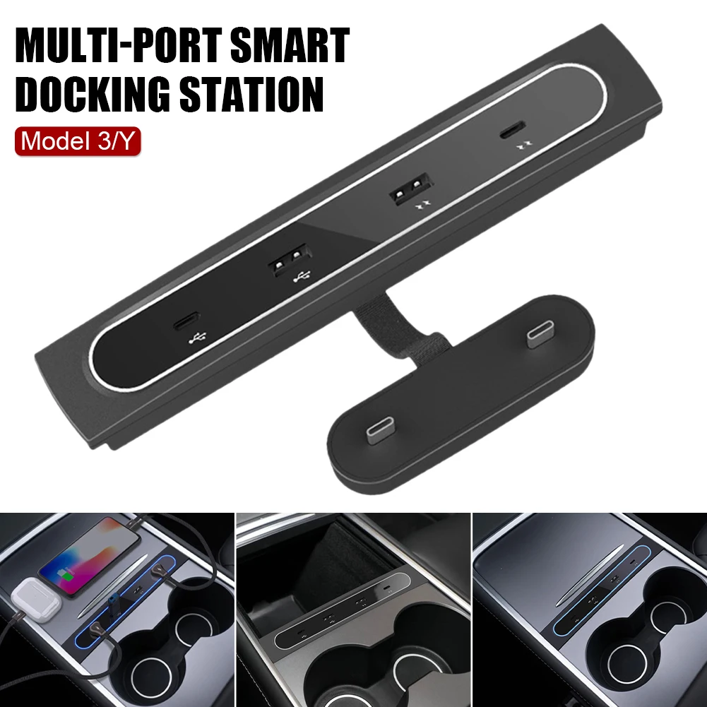 

For Tesla 2021 Model 3 Model Y 27W Quick Charger Intelligent Docking Station USB Shunt Hub Decoration Interior Refit Accessories