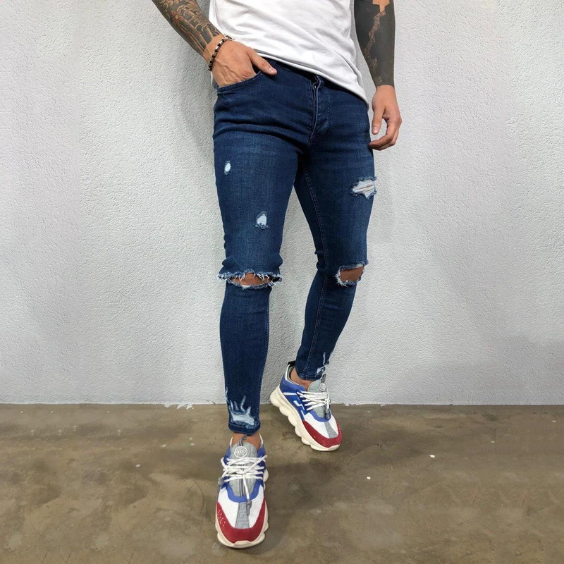 High quality street men's European and American men's ripped elastic skinny jeans torn trousers youth student casual trend pants