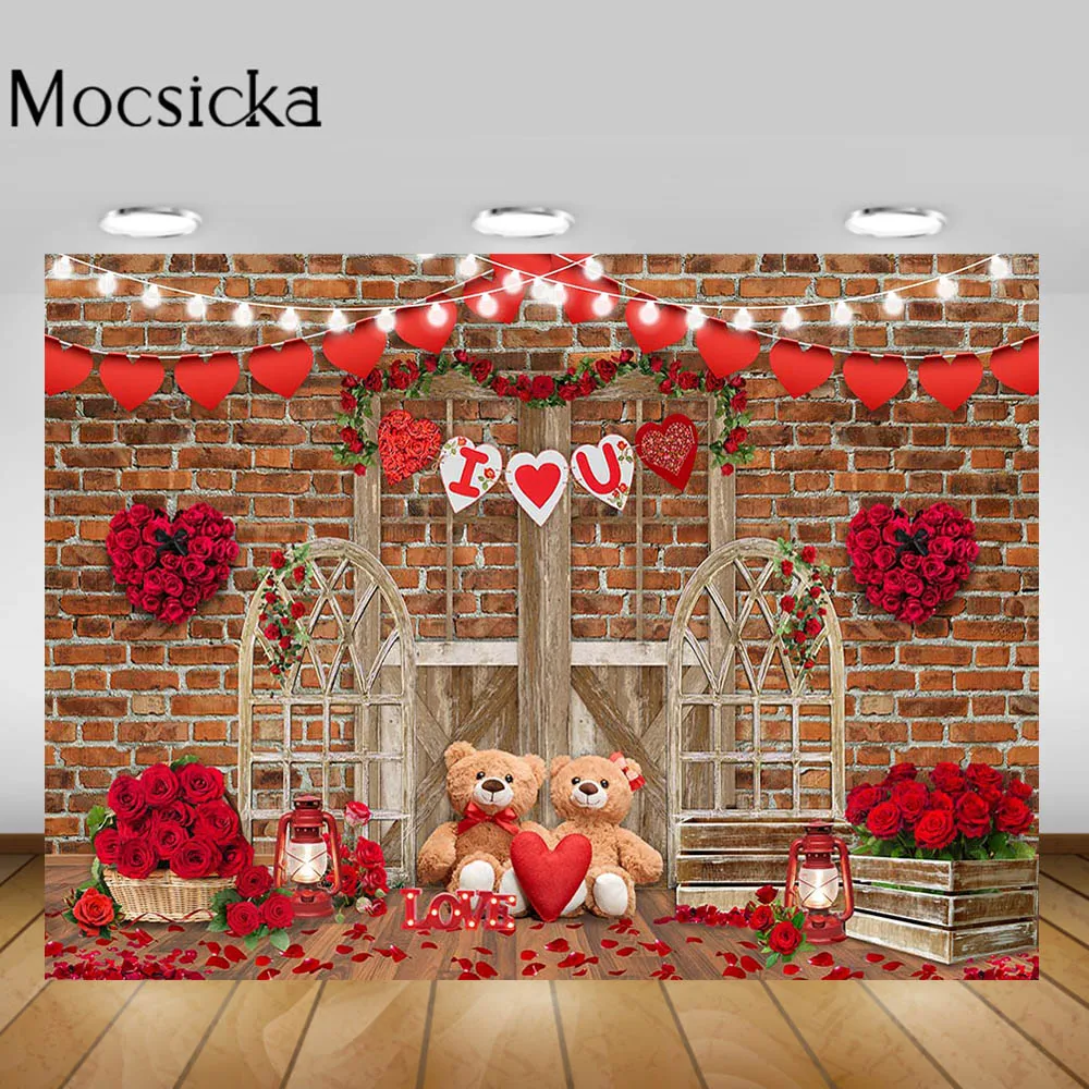 

Mocsicka Happy Valentine's Day Backdrop for Photography Brick Wall Red Rose Toy Bear Love Photo Background Photostudio Photocall