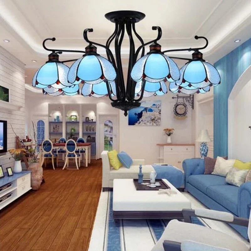 TINNY Tiffany European Living Room Pendant Lamp Mediterranean Sea Creative Color Glass restaurant Bedroom Hotel Chandelier