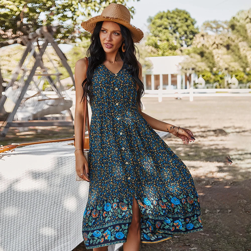 

2023Casual print elegant dress, Women's waist up dress Bohemian V-neck printed skirt