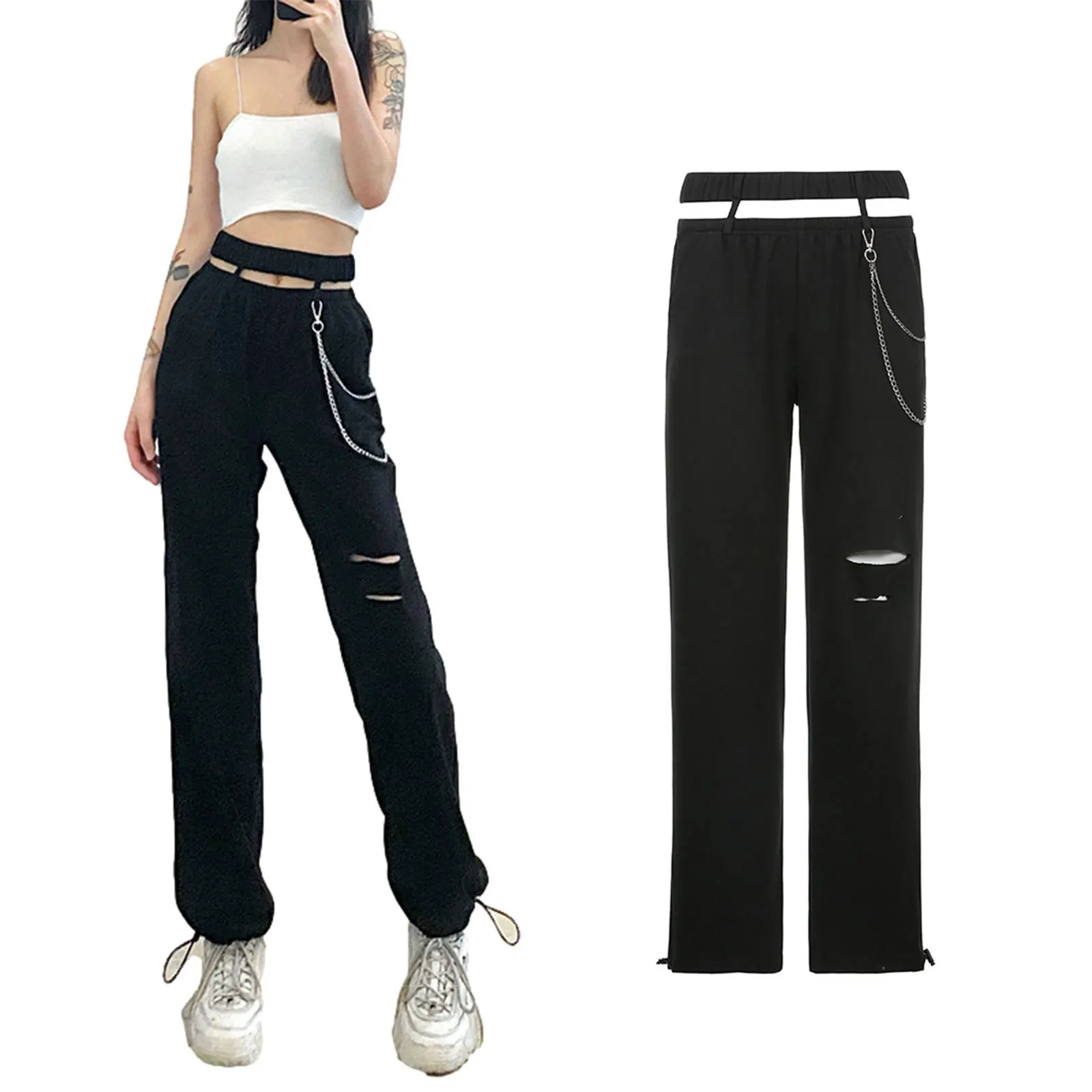 

Women Loose Style Long Pants with Decorative Chain Black Solid Color High Waist Hollow Out Casual Trousers 2021 Streetwear