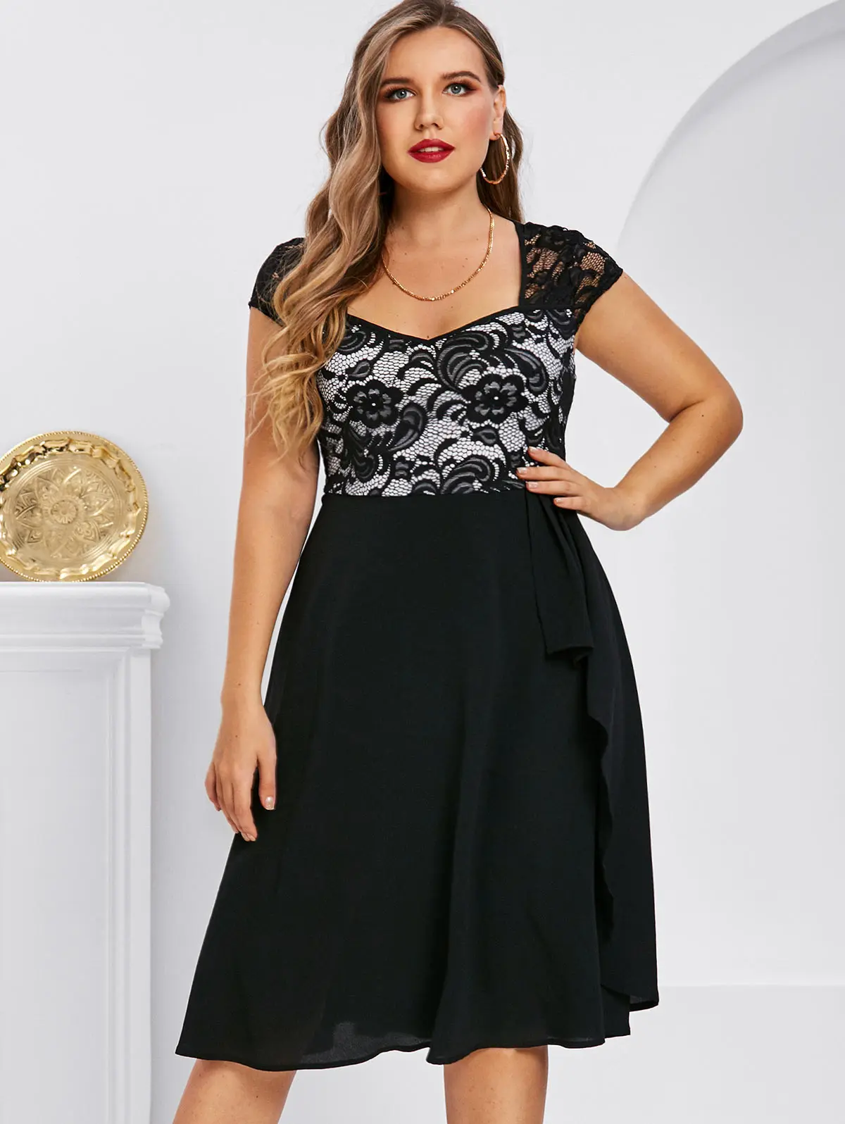 

ROSEGAL Lace Insert Ruffled Party Dresses Black Plus Size Semi Formal Prom Cocktail Dress Women Midi Fit And Flare Vestidos 5XL
