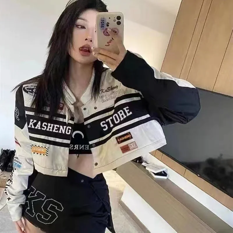 

Vintage Women Baseball Jacket Spring Autumn America Racing Detachable Stand Collar Coat Patchwork Letter Embroidery Clothing