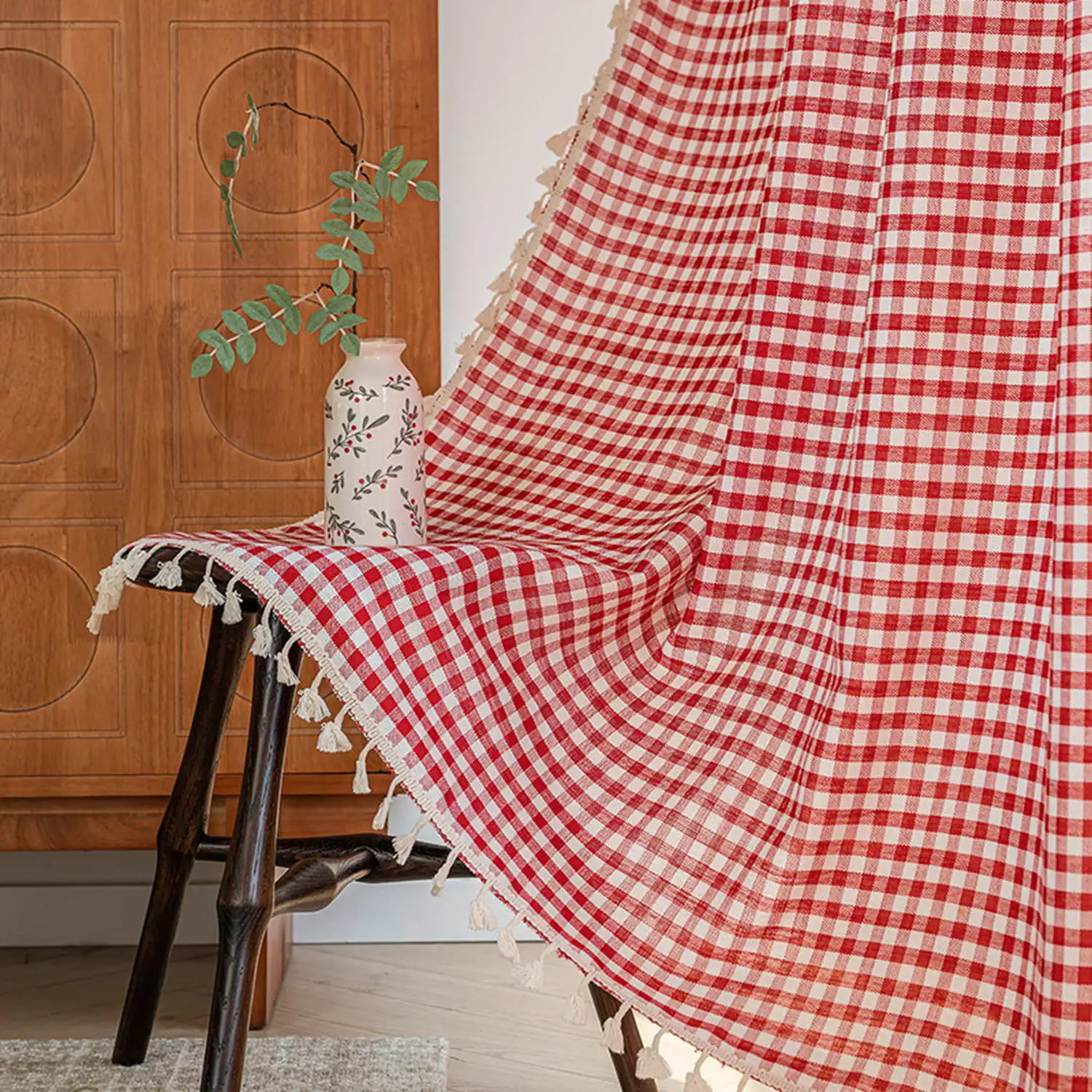 

Красные клетчатые шторы с бахромой, богемные оконные шторы для спальни, гостиной, кухни, декор, обработка окон в фермерском доме