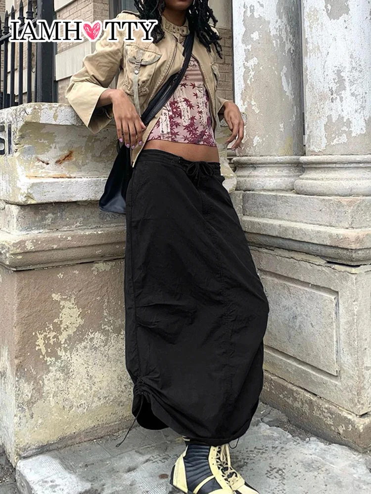 

Юбка-карго IAMHOTTY черная с рюшами, прямая Длинная юбка-карандаш с завышенной талией, винтажная Повседневная Уличная одежда свободного кроя, ш...