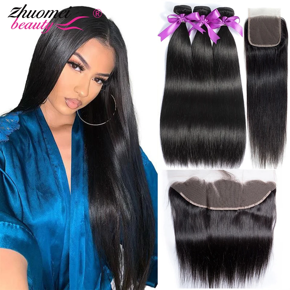 Zhuomei Beauty Bone Straight Human Hair Bundles With Closure 100% Remy Peruvian Hair Weave 3/4 Bundles With Lace Frontal weave