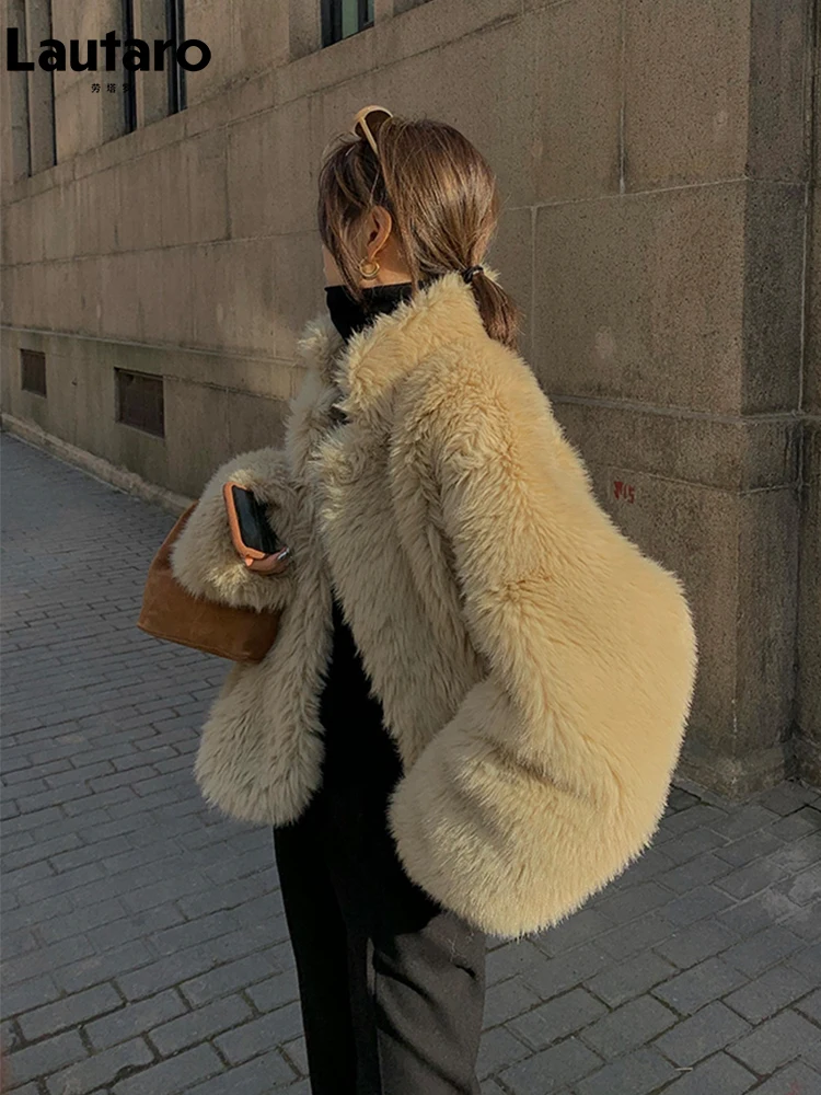 

Lautaro Winter Oversized Hairy Shaggy Thick Warm Soft Faux Fur Coat Women Long Sleeve Loose Stylish Luxury Fluffy Jacket 2022