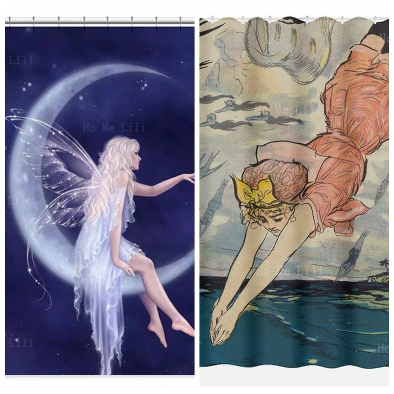 

Beautiful Fairy On The Moon Modern Style Ocean Girl Diving Shower Curtain Vintage Beach Retro Boho Bathroom Decor