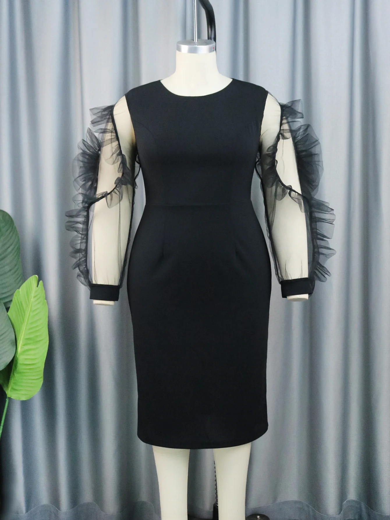 Plus Size Evening Dress Mesh Puff Sleeve Patchwork Clothing Female Luxury Elegant Robe 2023 Summer Women Trendy Party New Dress