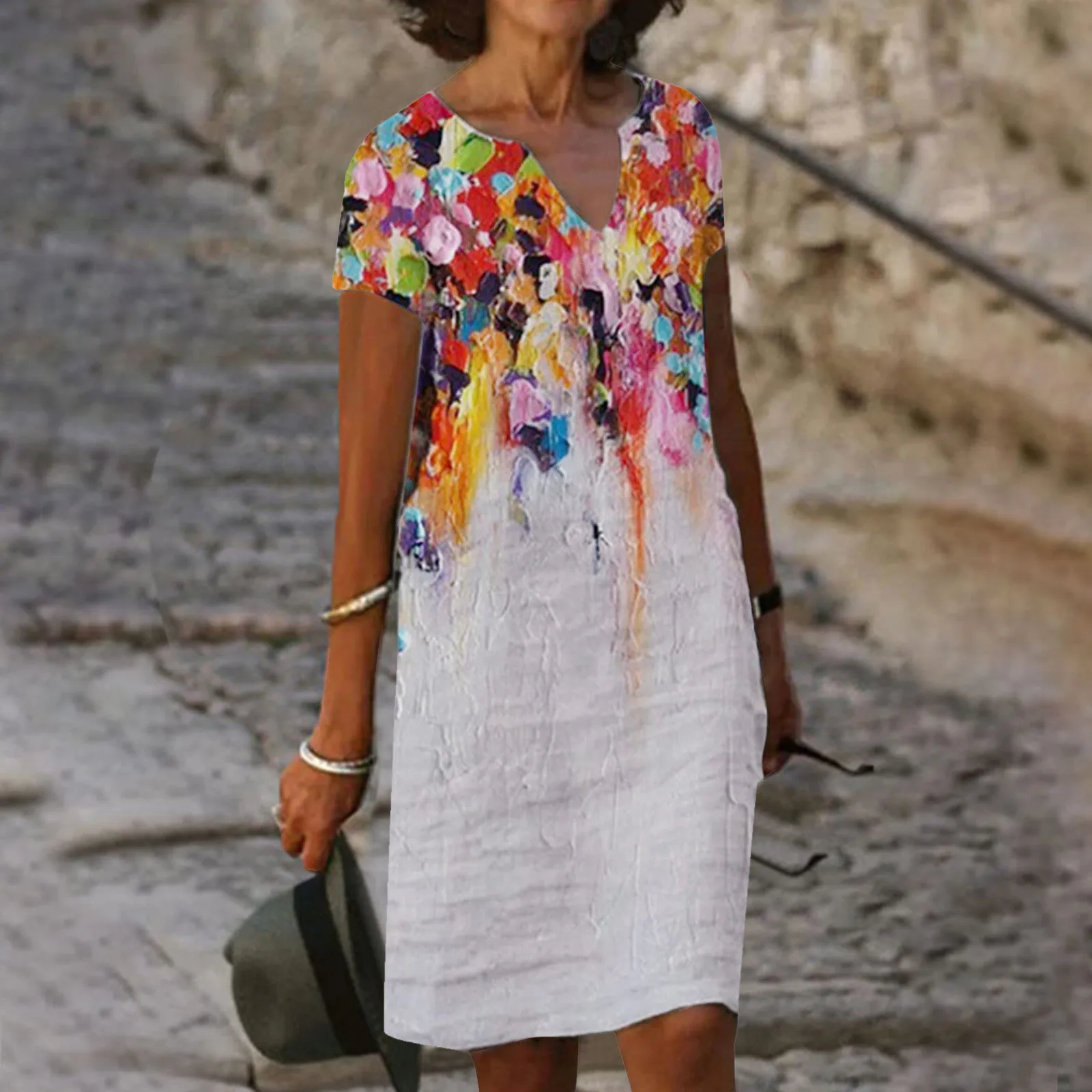 

Летнее платье в стиле бохо, женские пуловеры с цветочным принтом, рукавом до локтя и V-образным вырезом в стиле ретро, мини-платья, пляжный св...