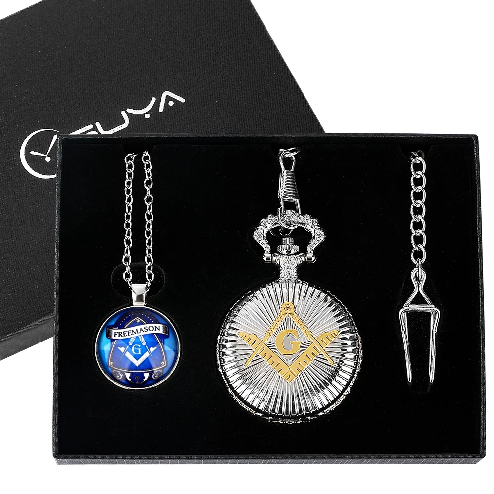 Freemason Pocket Watch Set Fashion Silver Quartz Pendant Clock Letter G Necklace Accessories Gift Box Greeting Card to Father