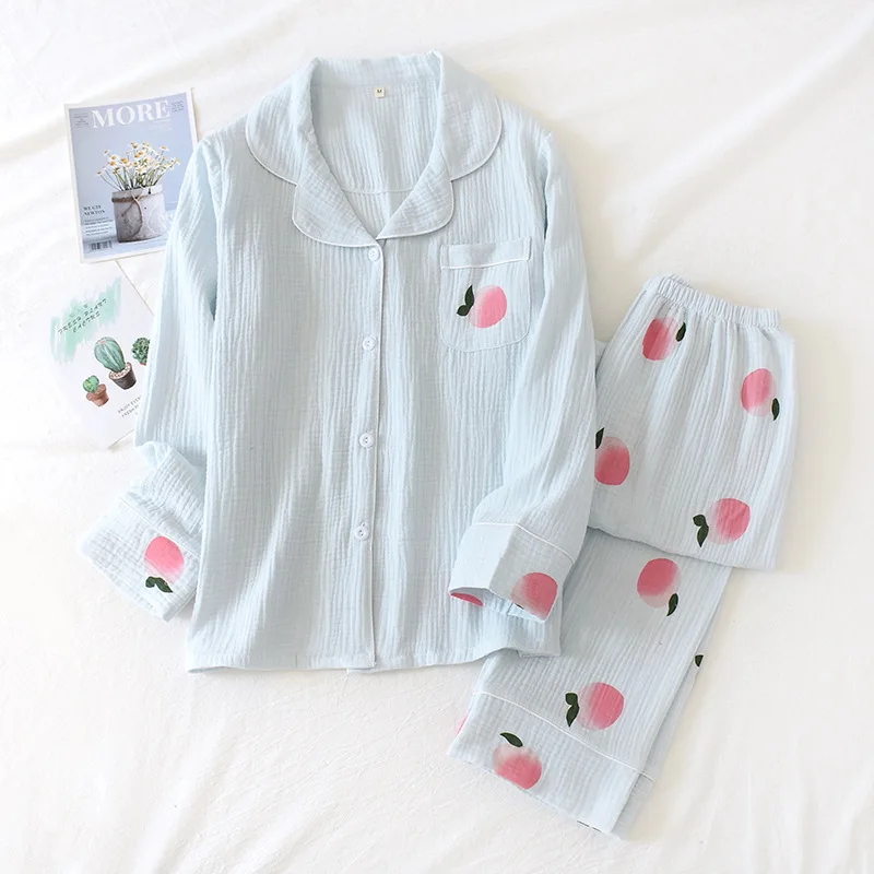 New Ladies Pajamas Set Crepe Cotton Double-Layer Home Wear Sleepwear Set Soft Comfortable Home Sleeping Clothing