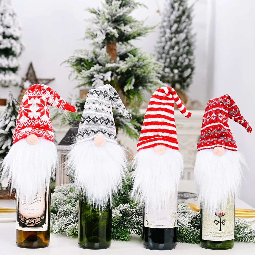 

Christmas Champagne Bottles Decor Wine Bottle Cover Knitted Forest Old Man Faceless Doll Ornaments Dinner Xmas Table Decorations