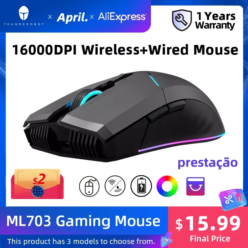 

ThundeRobot ML703 Wireless Gaming Mouse 2.4G Wireless Wired RGB Gamer 16000 DPI 1000mAh Rechargeable Mouse for Laptop PC Gaming