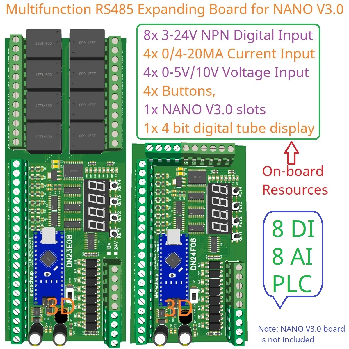 8AI-8DI-8DO многофункциональная Плата расширения IO для ARDUINO NANO V3.0 RS485 Modbus RTU открытая PLC