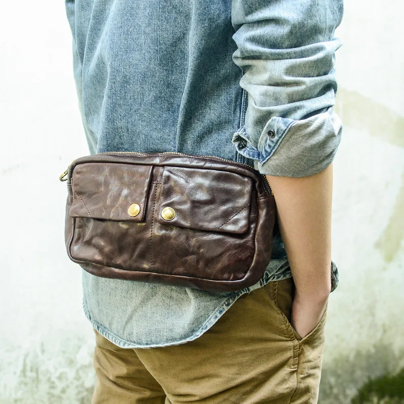 Vintage casual genuine leather men small chest bag fashion daily luxury natural real cowhide waist pack sports messenger bag
