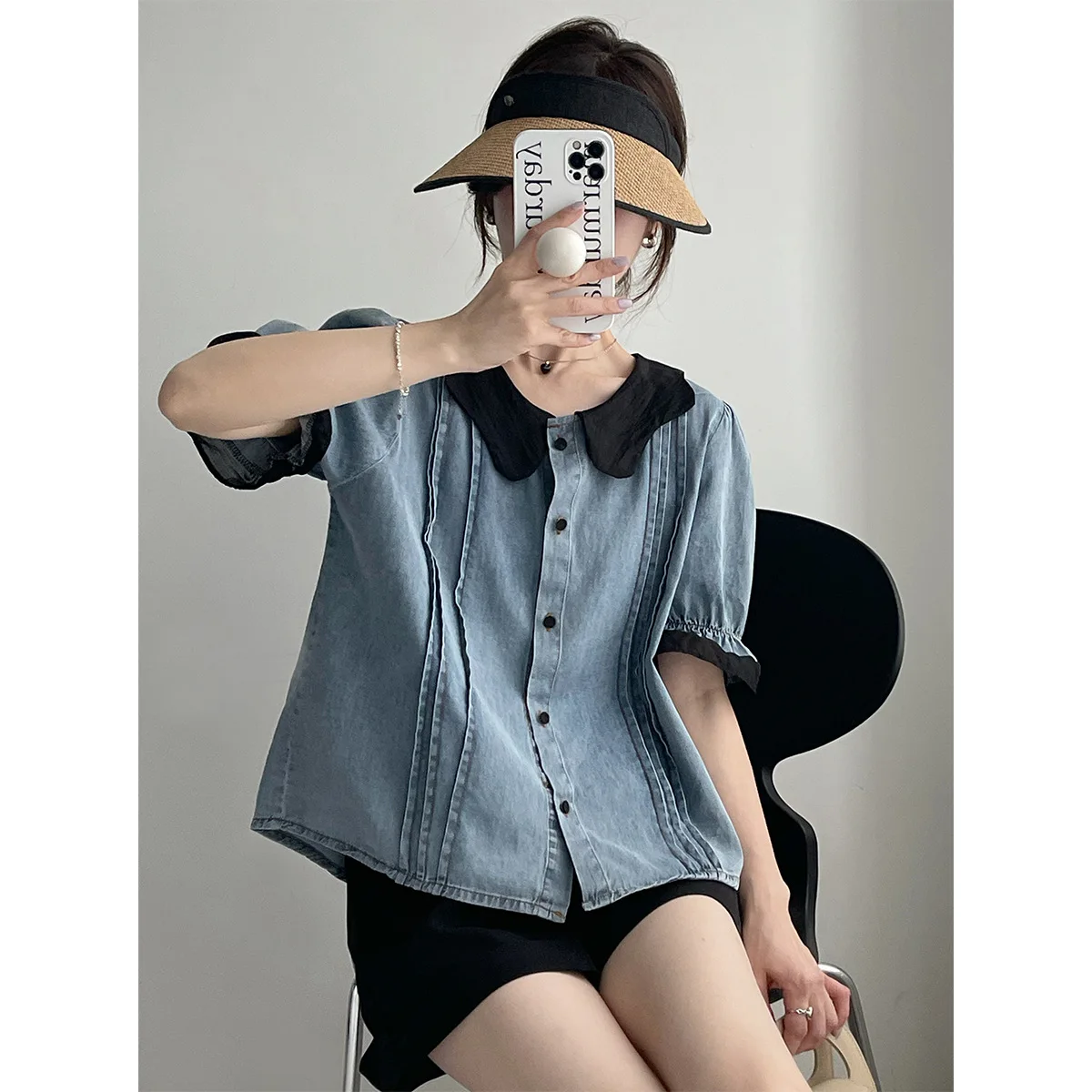 

SuperAen 2022 Summer Shirt Female Korean Style Retro Cowboy Doll Collar Bubble Sleeve College Style Shirt Top