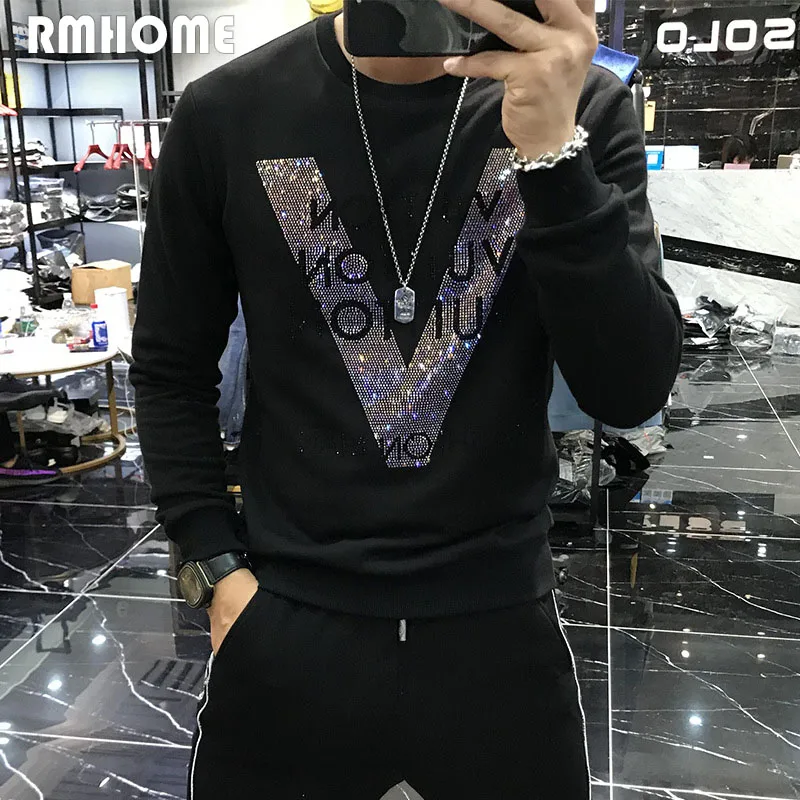 

Mens Hoodies V Letter Rhinestone Luxus Sweatershirt Autumn Winter Heavy Craft Casual Fashion High-quality Man Pullover Clothing