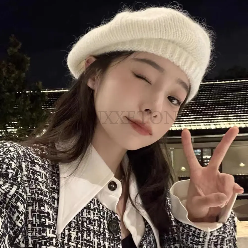 

Women Mohair Berets French Artist Painter Caps Winter Warm Rabbit Fur Beanies Hats Retro Solid Elegant Lady Autumn Beret Caps