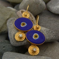 gypsy navy blue enamel drop dangle earrings turkish jewelry dripping oil eye gold color spiral hook earrings for women