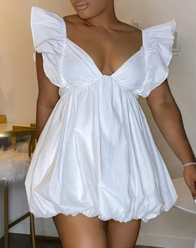 

Women Sweet Plunge Ruffles Mini Dress for Summer Flutter Sleeve Asymmetrical Ruched Design Female White High Waist Party Dresses