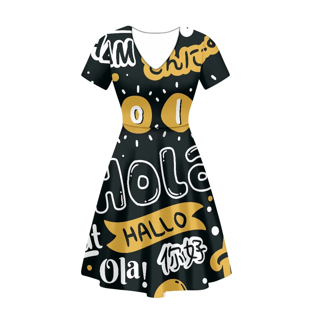 

Kind People Dress Hello In Different Languages Prints Repeating Text Streetwear Women Short Sleeve Pleated Corset Dress Ladies