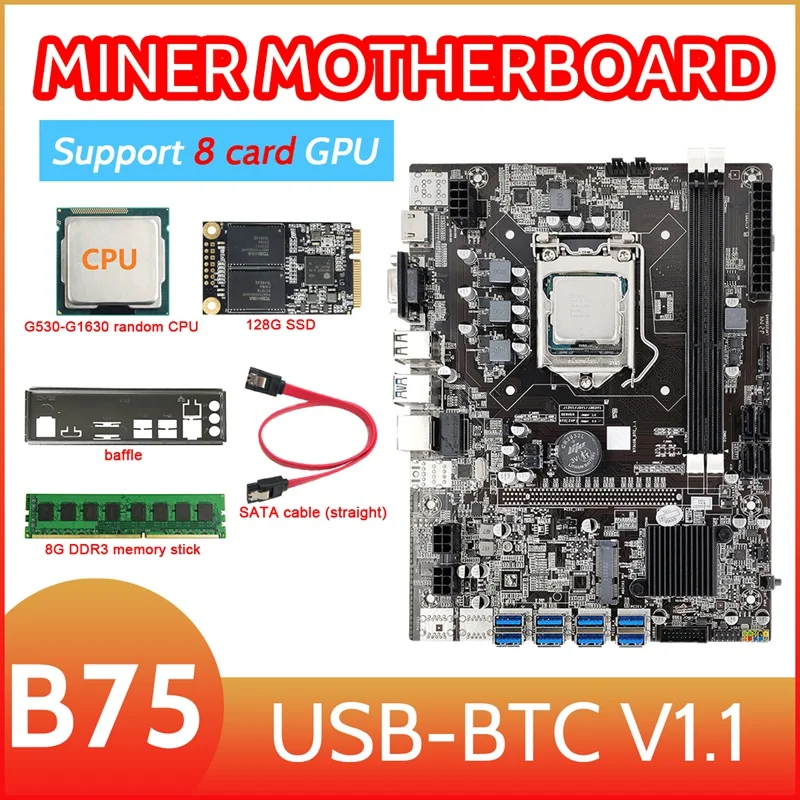 B75 8 Card BTC Mining Motherboard+G530/G1630 CPU+8G DDR3 RAM+128G SSD+SATA Cable+Bezel 8XUSB3.0 GPU LGA1155 DDR3 MSATA