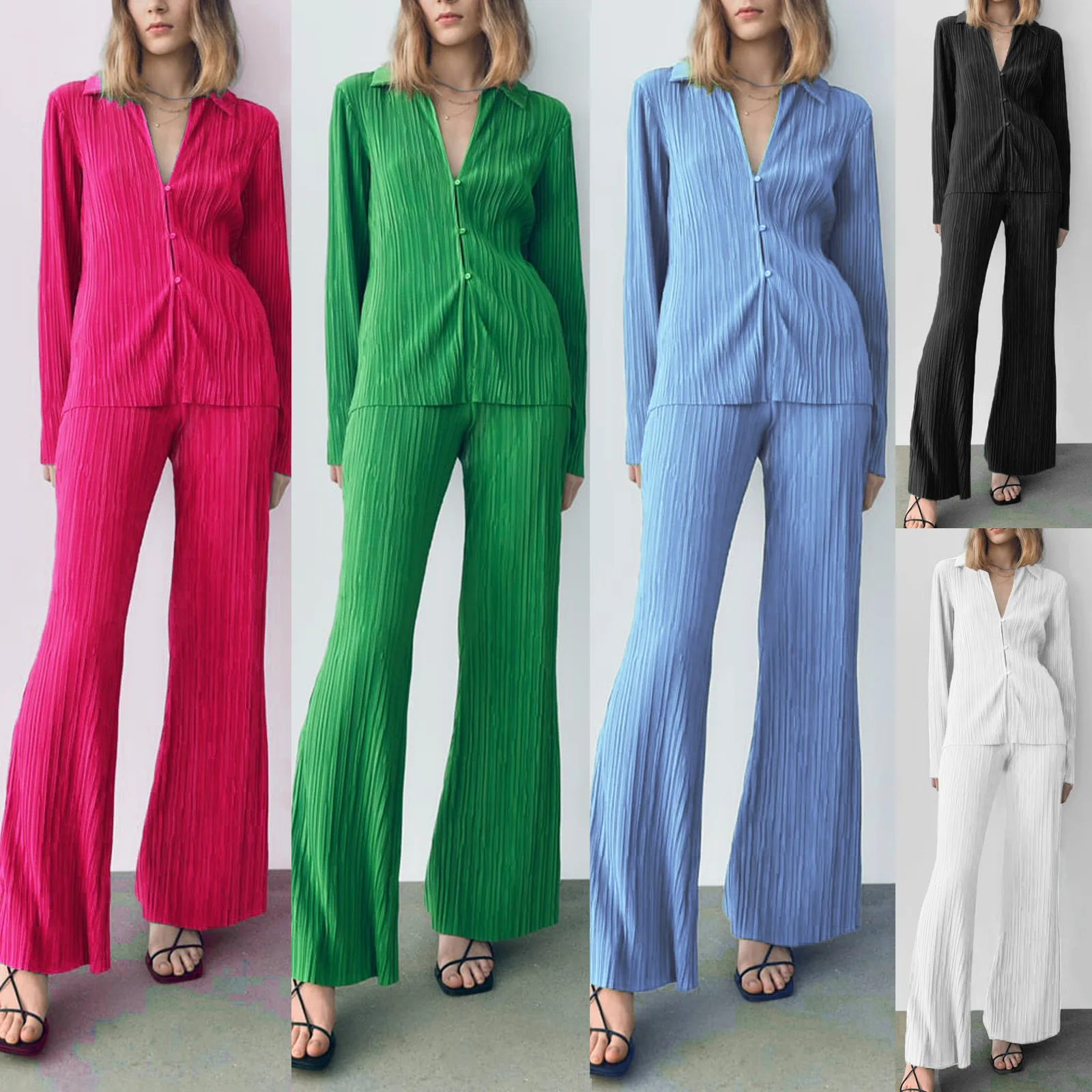 

2 Bodycon Trosuer Womens Sleepwear Set Fashion Piece Sets Pleated Spring Green Slit Suits Long Pajamas Outfits Lace-up Sleeve