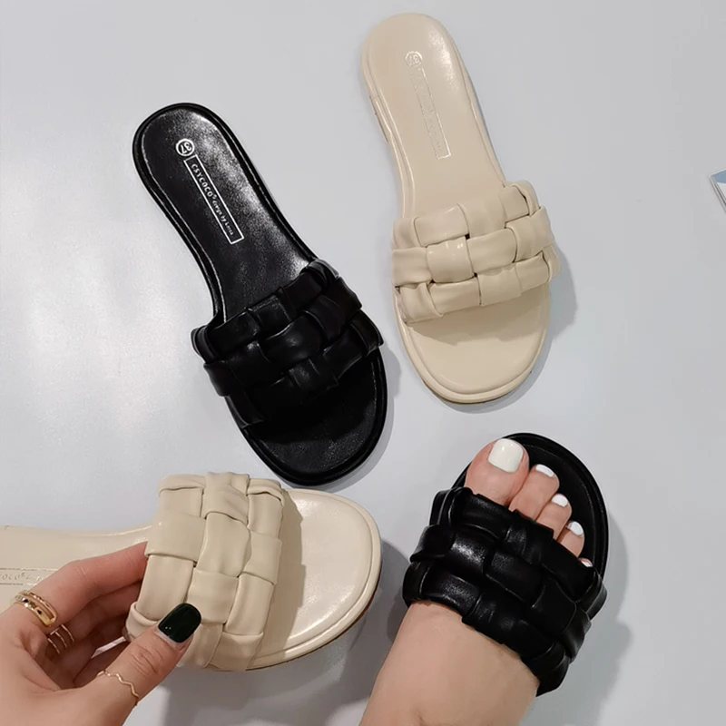 

Fashion Weave Slippers Rubber Women Flip Flops Summer 2022 New Round Toe Casual Outside Ladies Flats Beach Slides Female Shoes