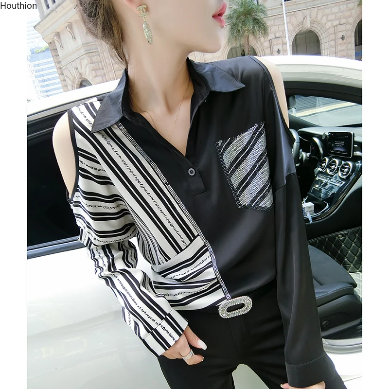 

New Women's Blouses Long Sleeve Top Stitching Stripe Polo Summer Casual Fashion Spring Houthion