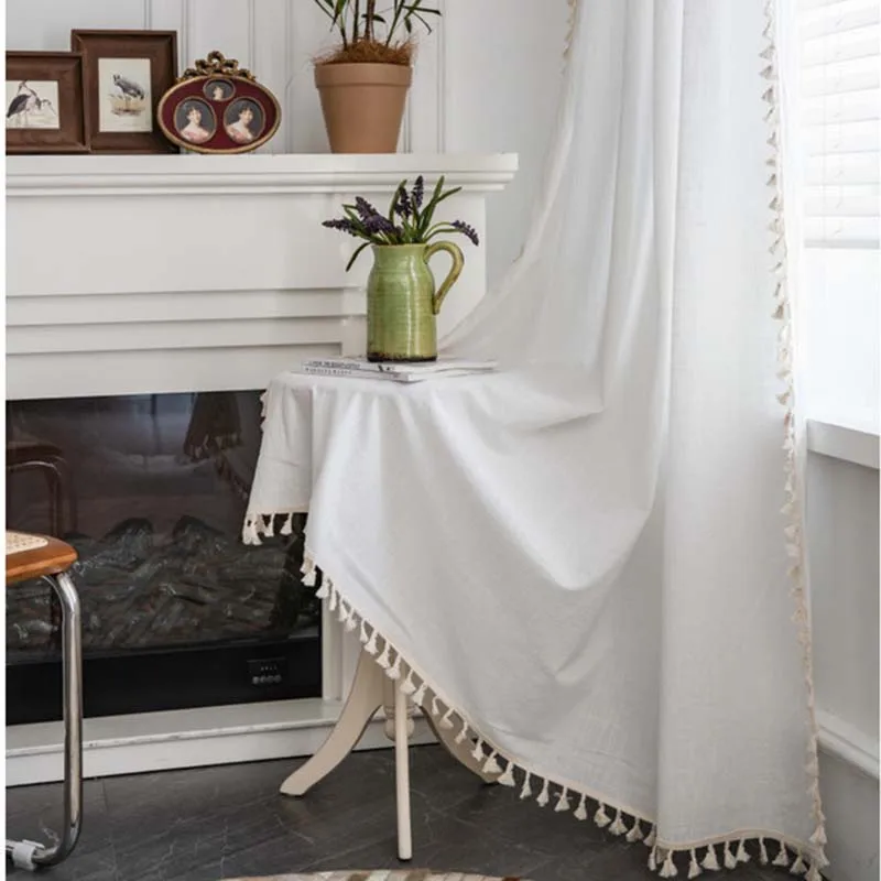 

Yaapeet Linen Look White Curtains Rod Pocket Tassels Voile Semi Sheer Drapes Privacy Protection for Living Room Bedroom