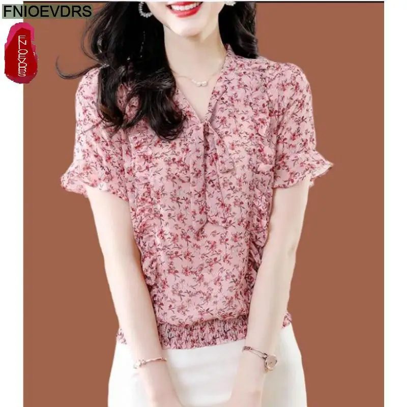 

S-3XL Women 2023 Summer Elegant Office Lady Shirts Pink Flower Floral Print Bow Tie Retro Vintage Ribbon Ruffles Tops Blouses
