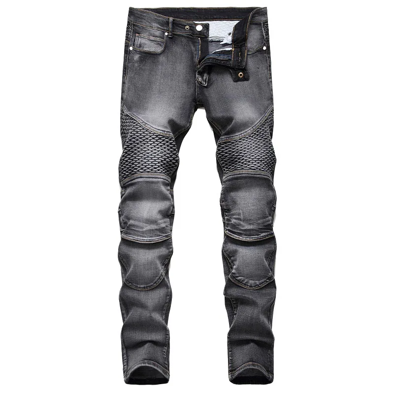 Men Jeans Designer Moto Bike Straight Jeans For Men's Punk Rock Streetwear Riding Knee Guard Denim Pants