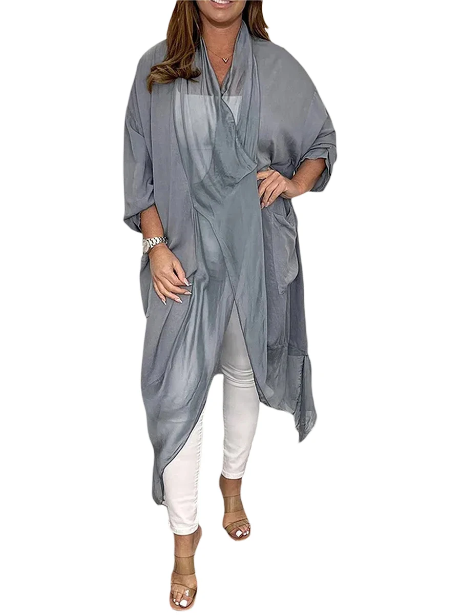 

YILEEGOO Women s Loose Tunic Tops Casual Batwing Sleeve V Neck Solid Color Mesh Dress Sheer Chiffon Cardigan Caftan (Khaki