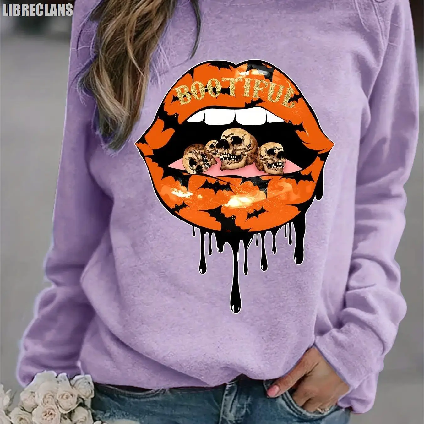 

LIBRECLANS 2023 Autumn New Women's Boot Lip Printing Casual Fashion Long Sleeve Round Personalized Design Women's Sweatshirt