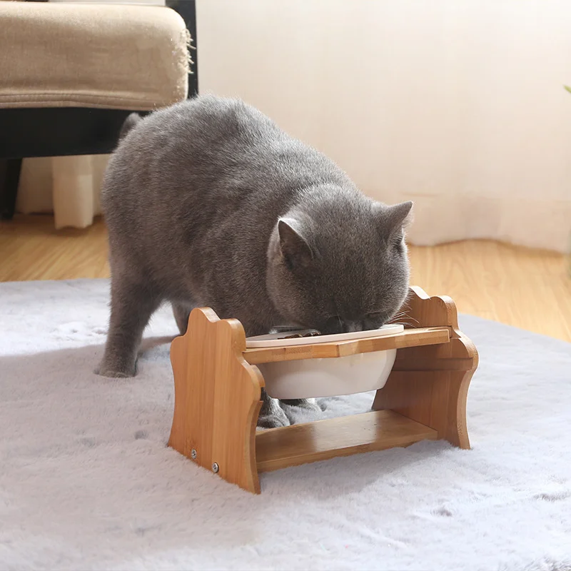 

Wooden Support Pet Bowl High Foot Double Ceramic Cats Bowl Tilt Adjustable Dog Bowls Pet's Basin Kitten Water Drinking Bowl