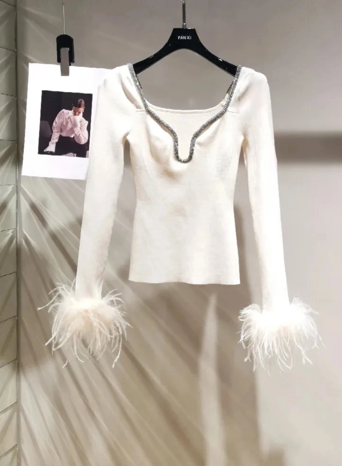 Новинка 2024 модная женская футболка Sprign высокого качества с белыми перьями без
