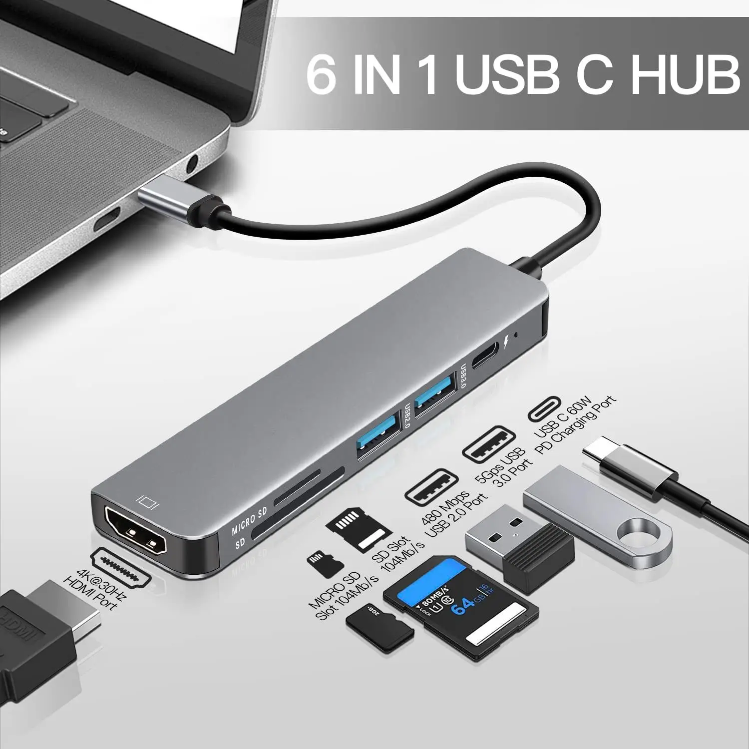 

Bakeey 6-in-1 USB-C Hub Adapter 4K@30Hz USB3.0 USB-C Docking Station 100W PD Charging Reader Witch Splitter for Apple Phone