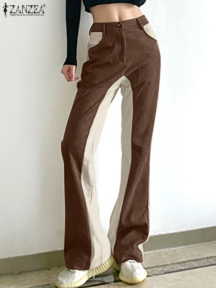 

ZANZEA Women Contrast Color Fake Suede Straight Leg Pants 2022 Autumn Casual Zipper Up Trouser Oversized Solid Office Steetwears
