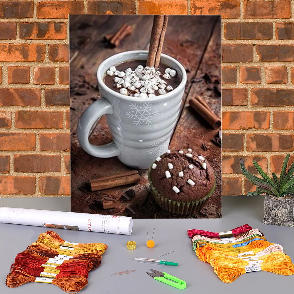 Кофейная чашка с цветами кухонная предварительно напечатана 11CT Вышивка крестом