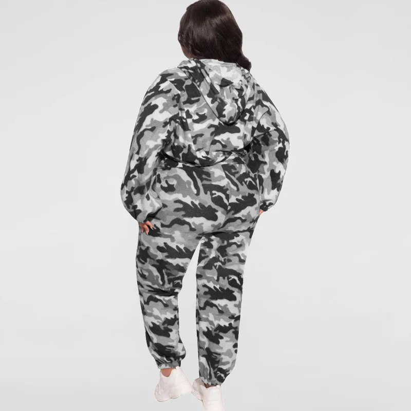 Plus Size Two Piece Set Camo Hoodie and Pant Sexy Women Bodycon Outfit 2022 Autumn Long Sleeve Tracksuit Female Fashion Clothing