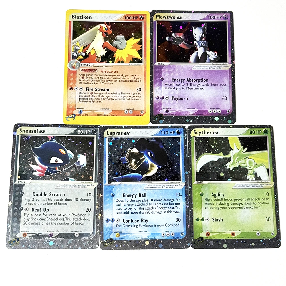 Фото Коллекционные карты PTCG Ruby & Sapphire Series PKM: Редкие фольгированные карты Blaziken (прокси-карты) # 3 Лапрас экз. # 99 Мьюту ex # 101 Scyther ex # 102 Снейсел ex # 103 №2