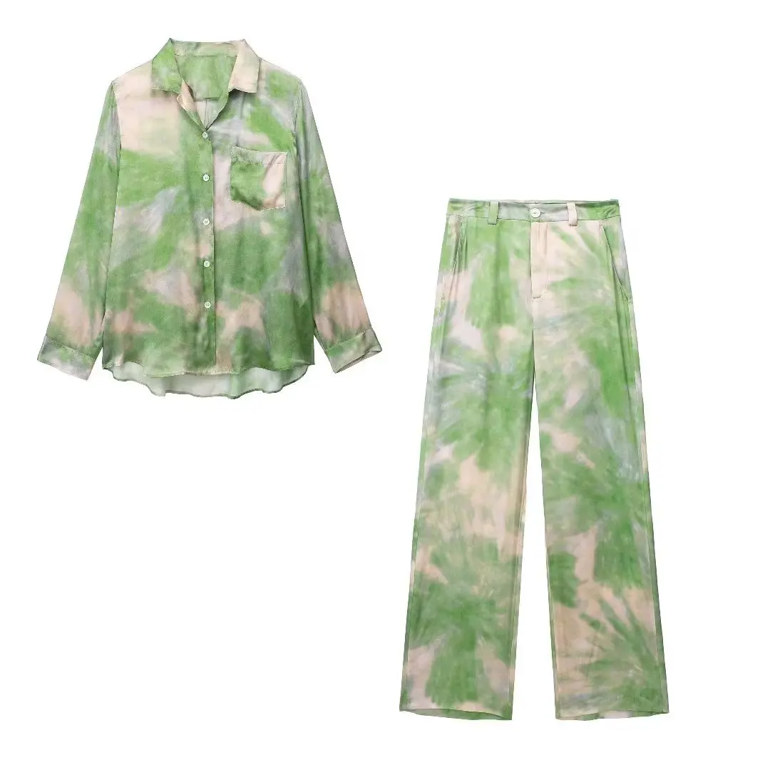 

PB&ZA Women 2023 New Fashion Tie Dye Set Versatile Loose Collar Shirt Retro Casual Female Wide Leg Pants