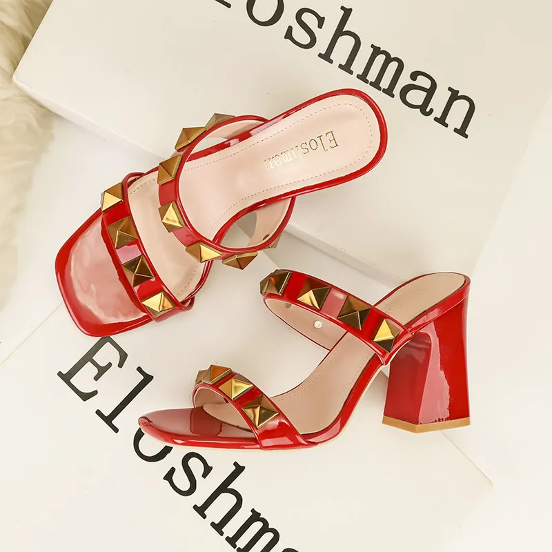 European and American style fashion sexy banquet high heel, square toe, open-toe studs, flat band block heeled women's sandals